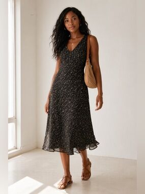 F.L.P. Black Tan Polka Dot Dress Sleeveless V-Neck Size 14 90s minimalist
